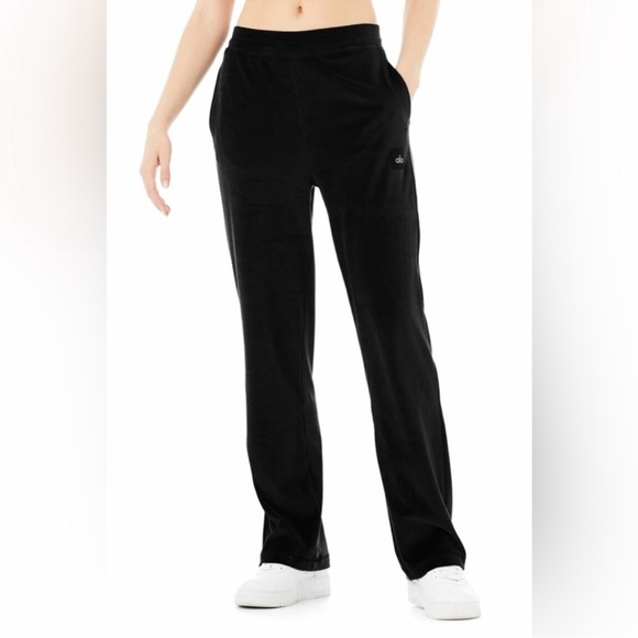 Alo Yoga Velour High Waist Glimmer Wide Leg Pant in Black - Picture 1 of 9